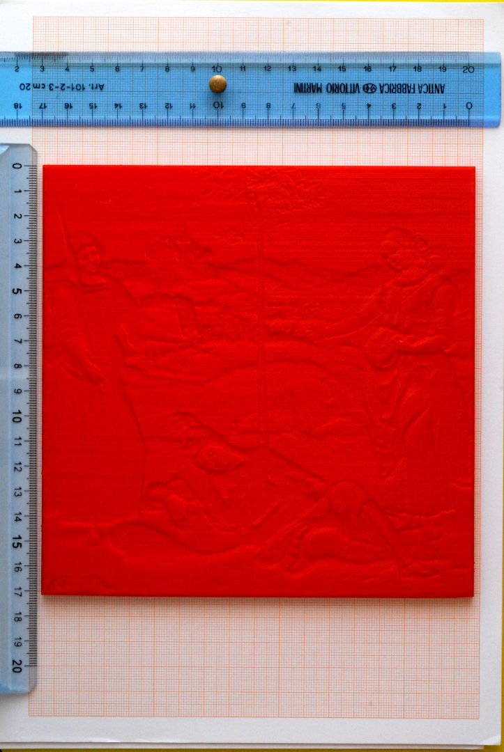 Fig. 16 - Prototipo della Prima Tavoletta 3D RGB, canale RED, rosso, Tavoletta senza errori di stampa in PLA.
Foto cortesia di Stefano Colonna