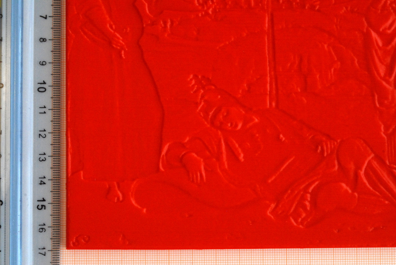 Fig. 17 - Prototipo della Prima Tavoletta 3D RGB, canale RED, rosso, DETTAGLIO Tavoletta senza errori di stampa in PLA. Foto cortesia di Stefano Colonna