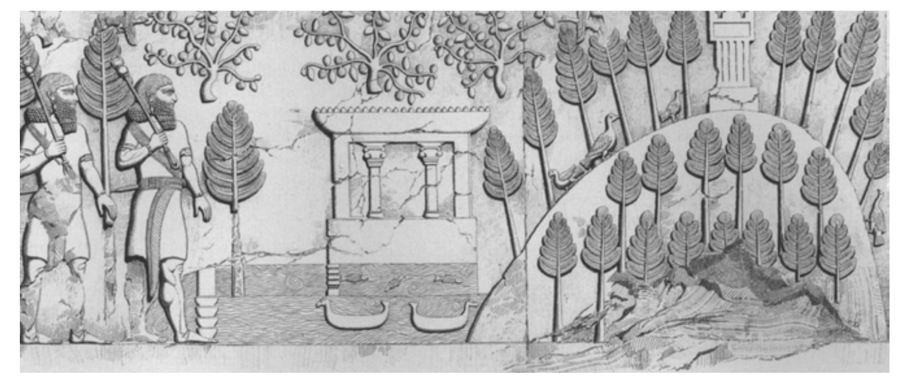 Fig. 2 - Disegno ricostruttivo del bassorilievo raffigurante il giardino reale di Sargon II a Dur Sharrukin (Khorsabad), con lago artificiale, collina di conifere e altare, Periodo Neoassiro (in BOWE 2015, fig. 2, p. 153)